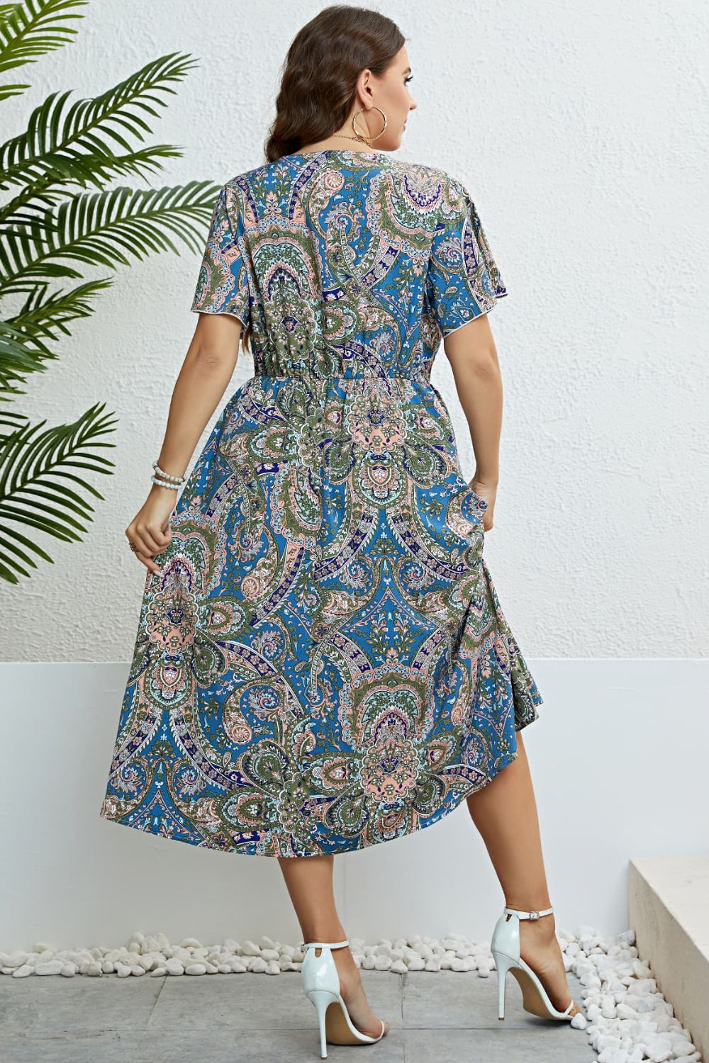 Plus Size Printed Flutter Sleeve Midi Dress