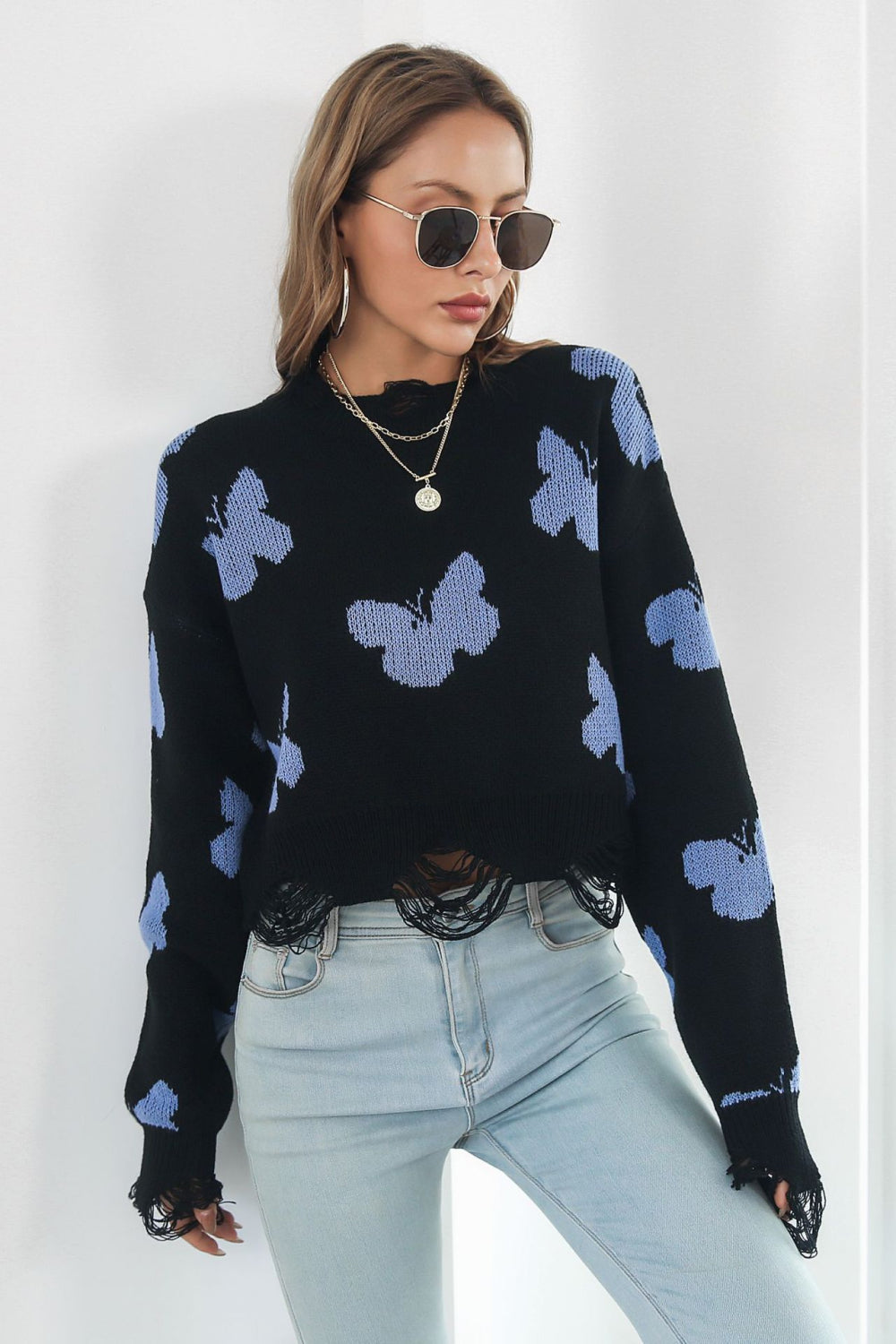 NatashaJay Printed Round Neck Ribbed Long Sleeve Sweater 🦋