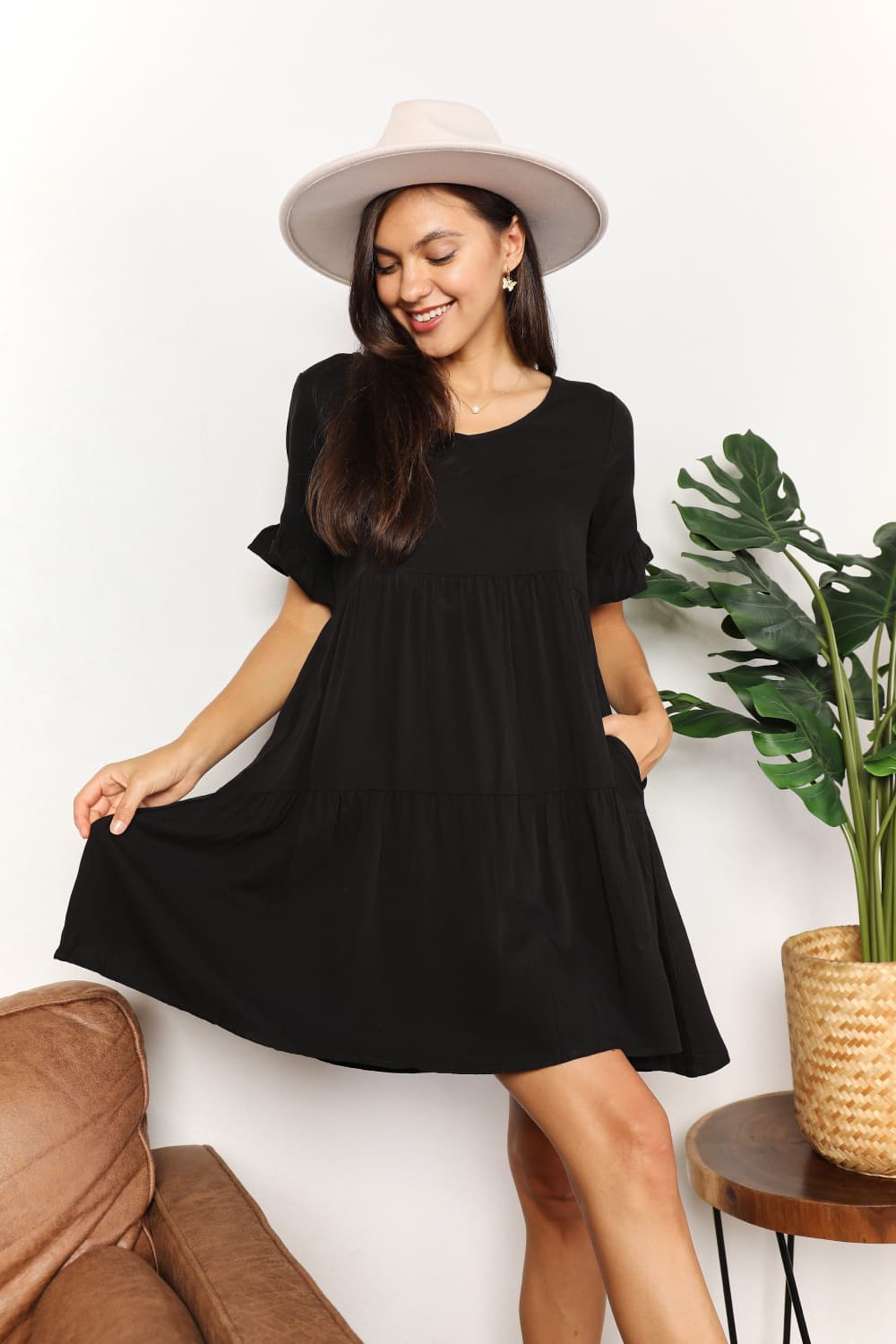 Full Size Double Take V-Neck Flounce Sleeve Tiered Dress *