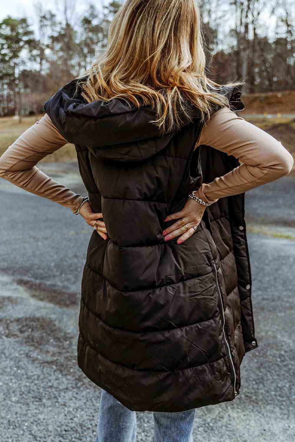 Full Size Longline Hooded Sleeveless Puffer Vest