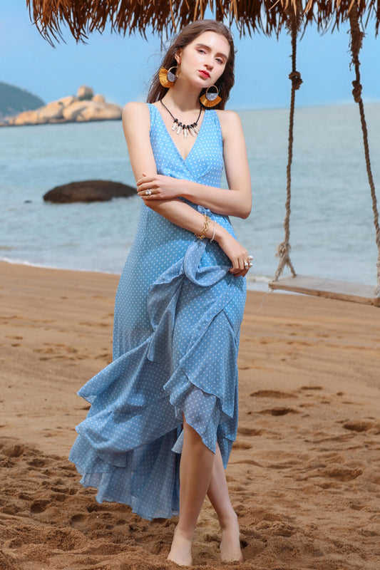 CGYY Valencia Polka Dot Ruffled Plunge Sleeveless Maxi Dress
