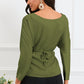 Full Size Boat Neck Back Tie Long Sleeve Satin Blouse