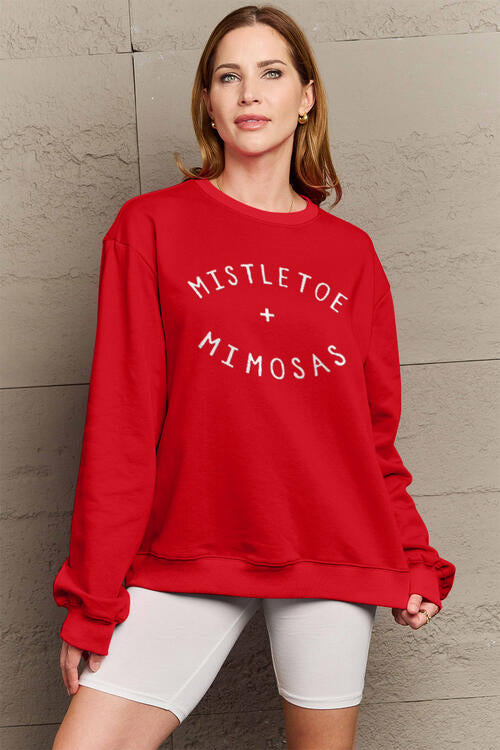 Simply Love Full Size Christmas Themed MISTLETOE MIMOSAS Long Sleeve Scarlet Red Sweatshirt