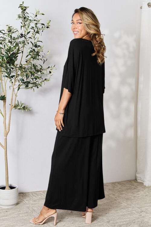 Double Take Full Size Round Neck Slit Top and Pants Set *