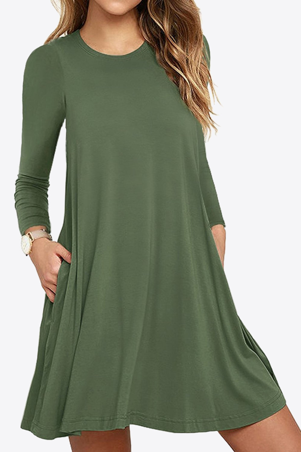 Women's Full Size Agnetha Long-Sleeve Round Neck Dress with Pockets