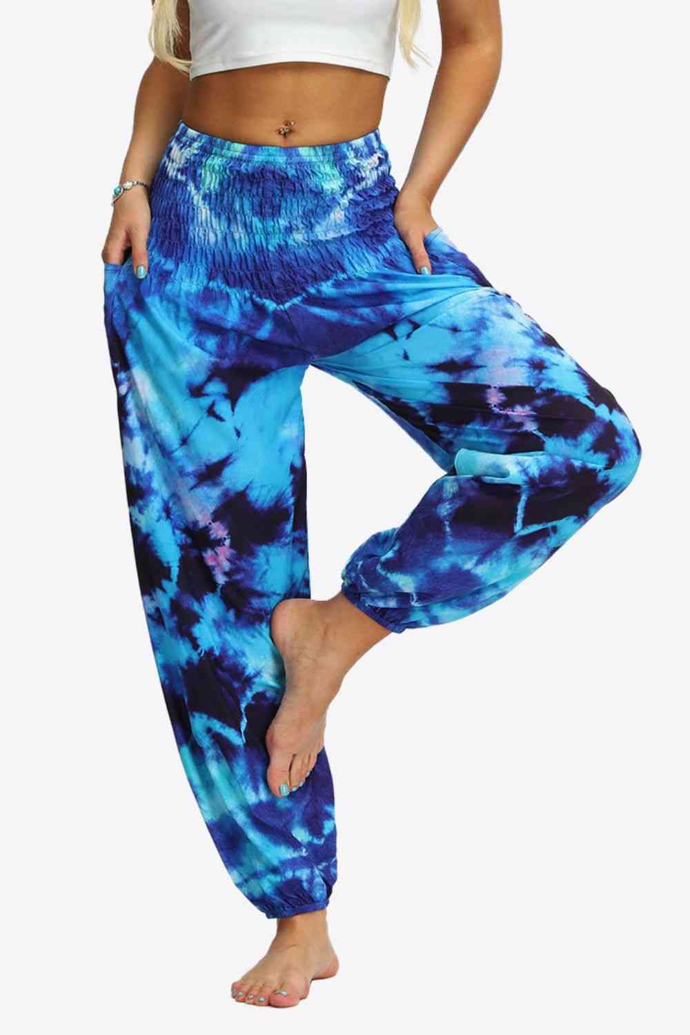 BasicBabe Tie-Dye Smocked Royal Blue Joggers