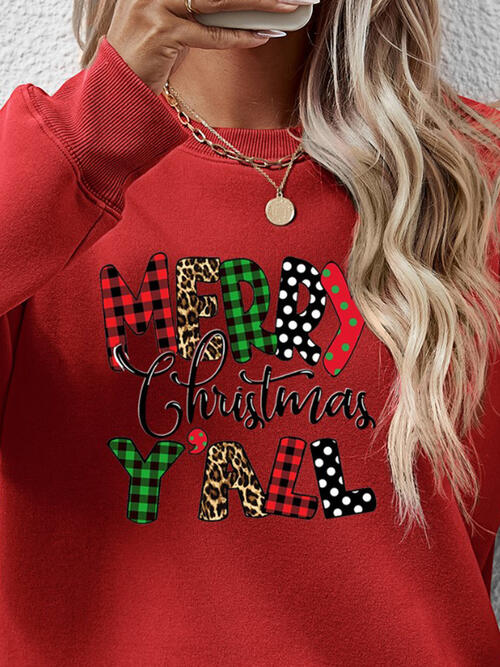 Merry Christmas Ya'll Letter Graphic Round Neck Long Sleeve Sweatshirt