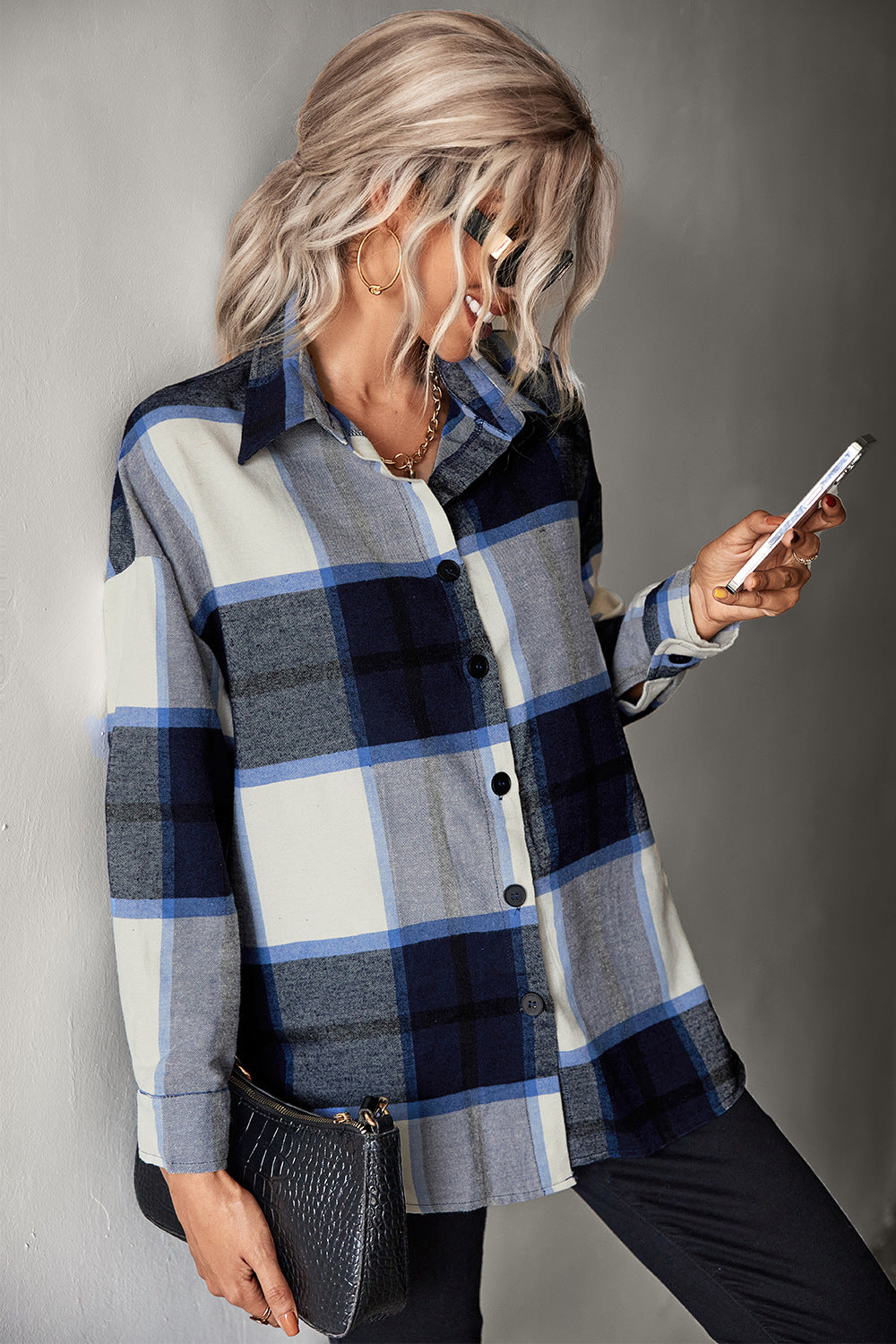 Adriana & Bae Plaid Collared Neck Longline Shirt