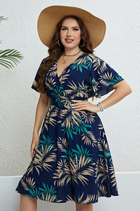 Plus Size Botanical Print Flutter Sleeve Smocked Waist Dress