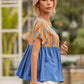 Striped Tie Neck Short Sleeve Blouse