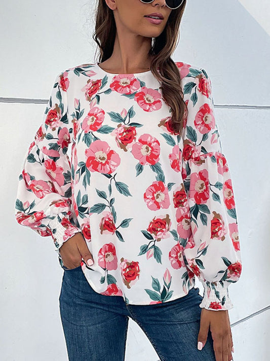 Women's Floral Long Puff Sleeve Round Neck Blouse