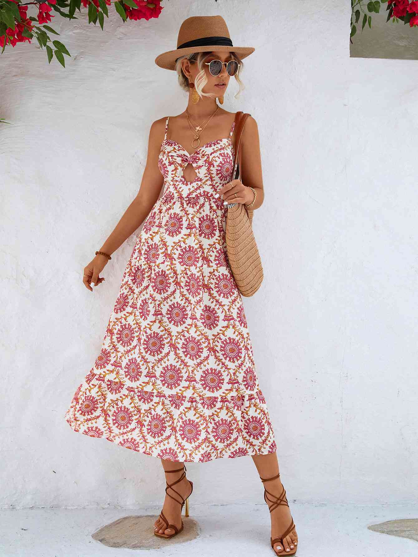 Light Mauve Printed Cutout Spaghetti Strap Midi Dress