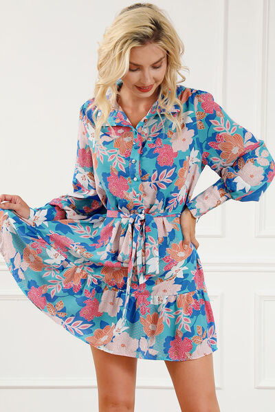 Women's Clarisia Floral Tie Waist Lantern Sleeve Ruffled Hem Mini Dress