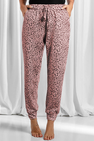 Full Size Leopard Drawstring Pocketed Pants