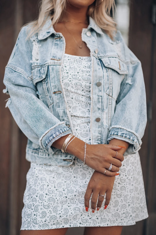 Aaarti&Destiny Full Size Distressed Drop Shoulder Denim Jacket