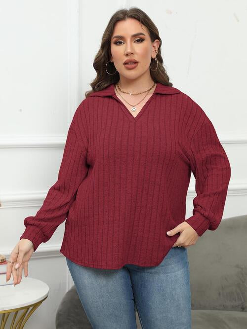 Plus Size Ribbed Collared Neck Long Sleeve Blouse