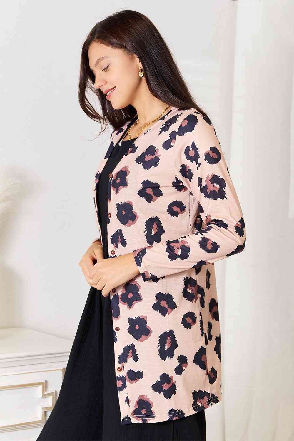 Double Take Printed Button Front Longline Cardigan *