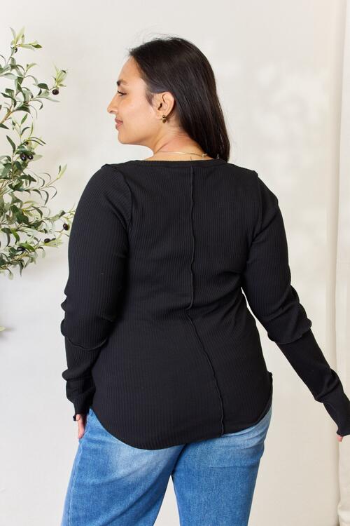 Culture Code Full Size Ribbed Round Neck Long Sleeve Top *