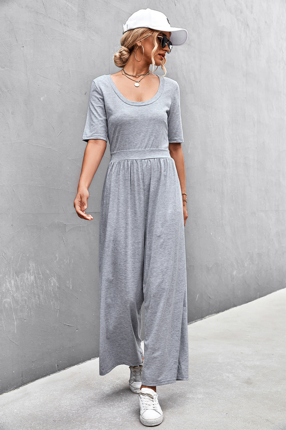 Women's Scoop Neck Half Sleeve Wide Leg Jumpsuit