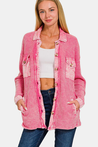 Zenana Fuchsia Waffle-Knit Button Up Dropped Shoulder Jacket