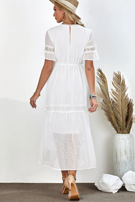 Women's Full Size Swiss Dot V-Neck Short Sleeve Midi Dress