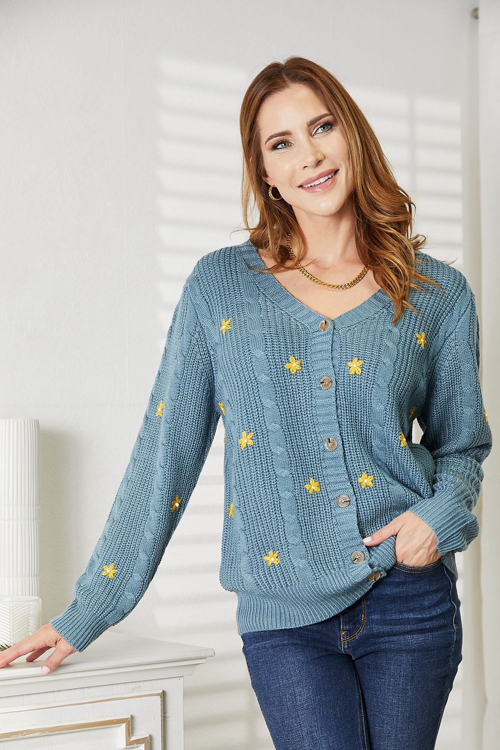 HEYSON Full Size Floral Embroidered Cable Teal Cardigan *