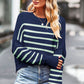 Striped Round Neck Drop Shoulder Slit Sweater