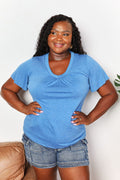 Full Size Double Take Ruched V-Neck Short Sleeve T-Shirt *