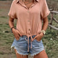 Drawstring Button Up Short Sleeve Blouse