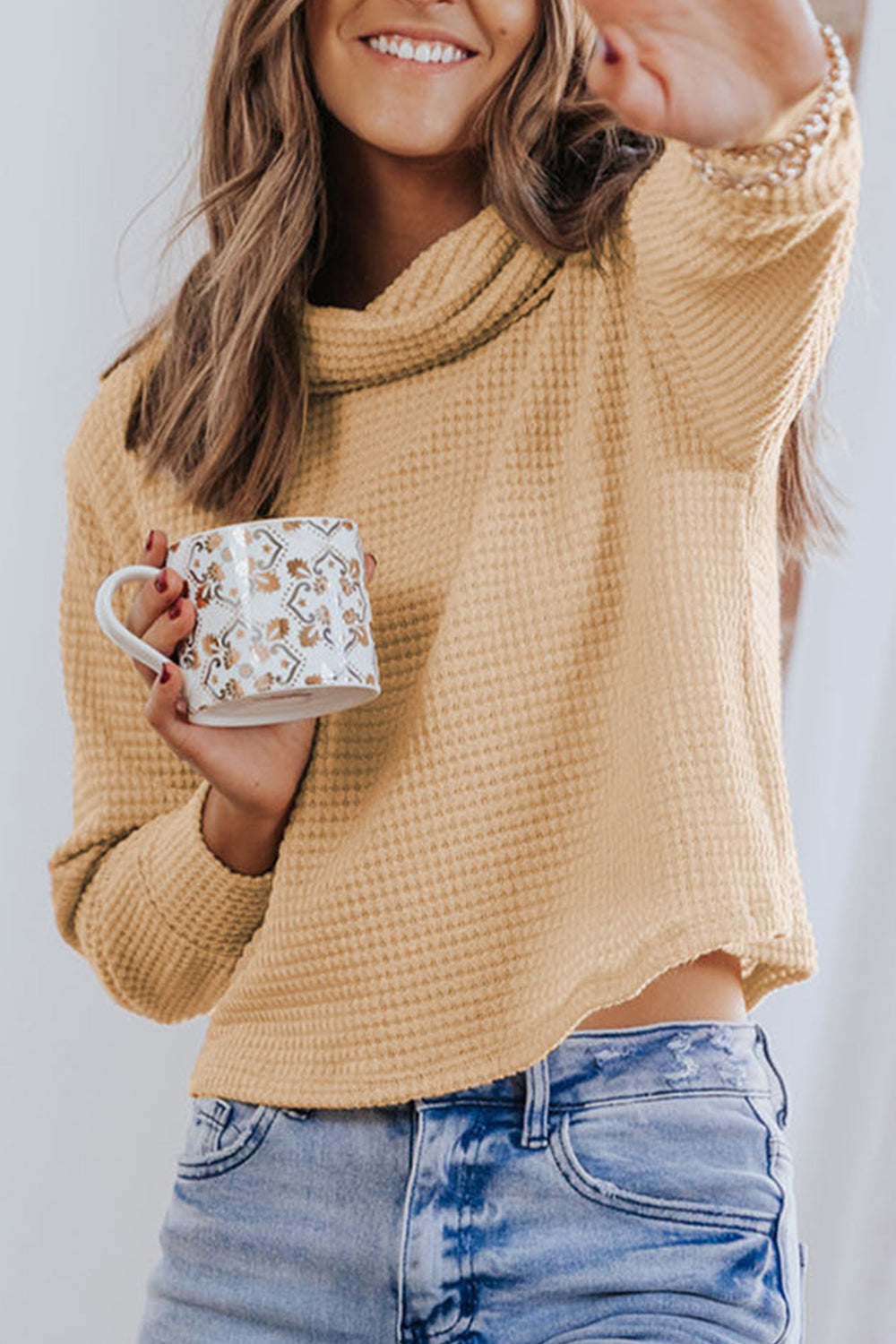 Waffle-Knit High Neck Top