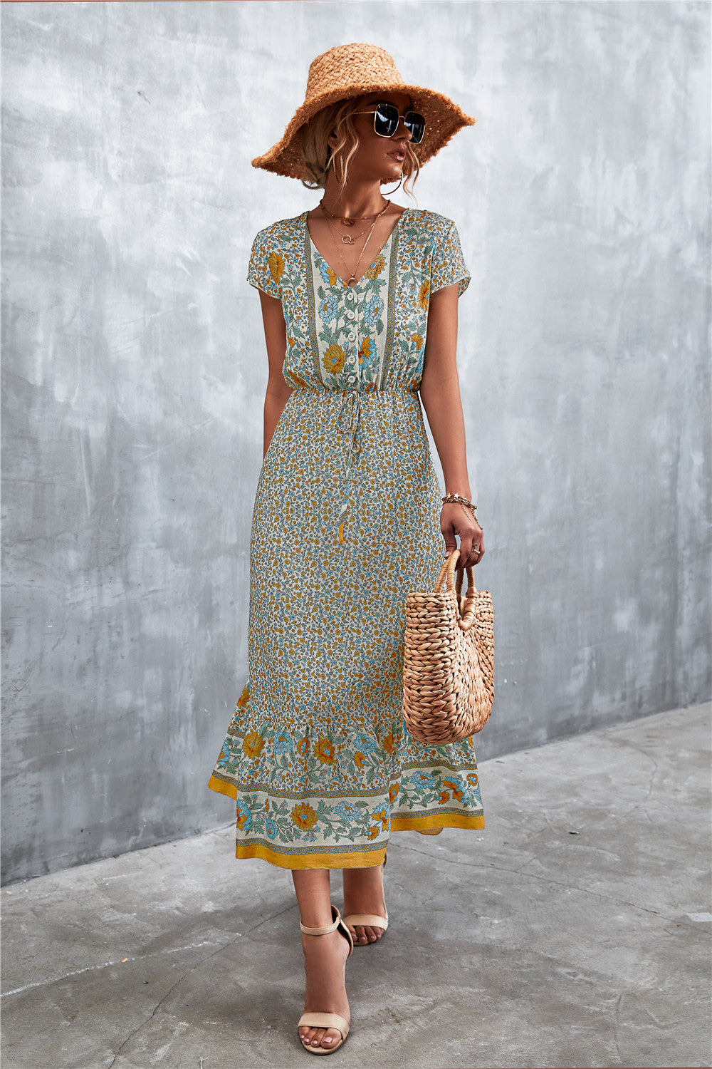 Full Size V-Neck Short Sleeve Printed Maxi Dress