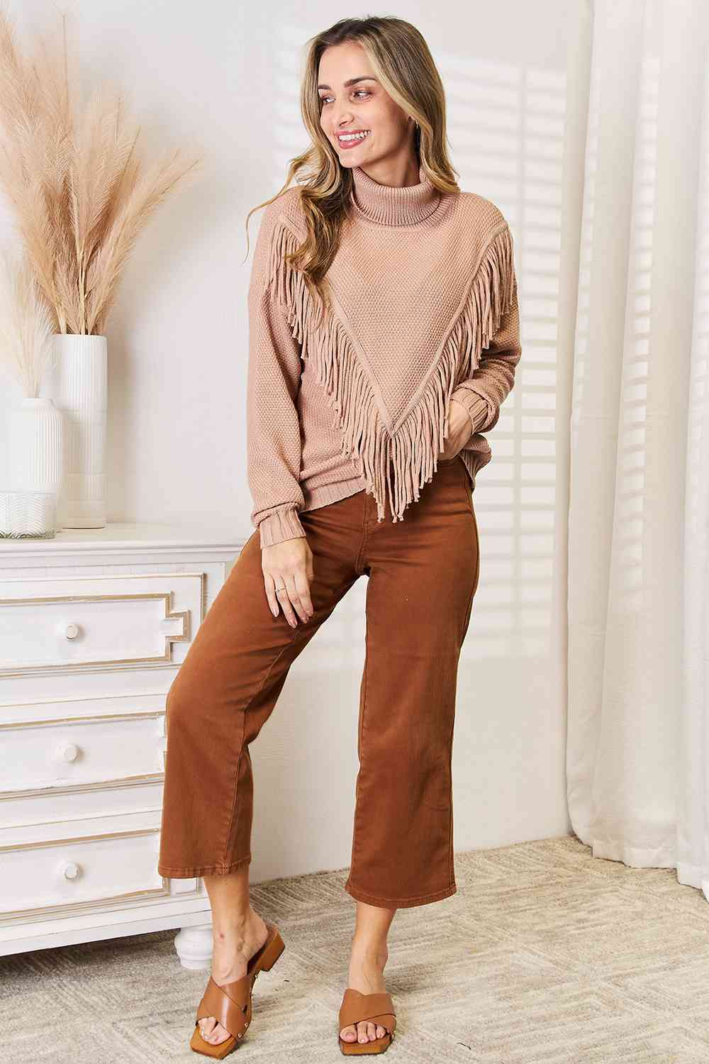 Woven Right Turtleneck Fringe Front Long Sleeve Sweater *