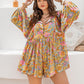 Plus Size Floral Tie Neck Balloon Sleeve Romper