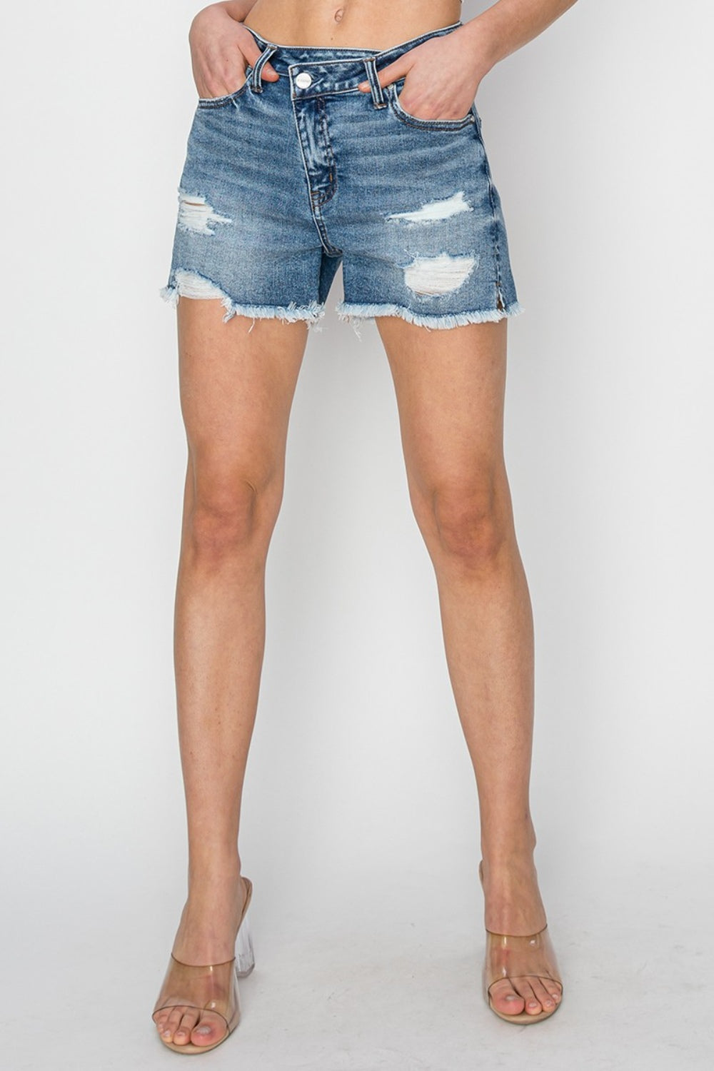 RISEN Stepped Waist Frayed Denim Shorts *