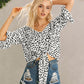 Tied Printed Button Up V-Neck Blouse