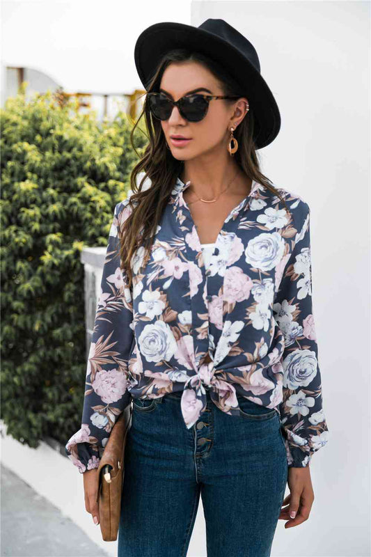 Floral Print Navy Mock Neck Button Front Shirt