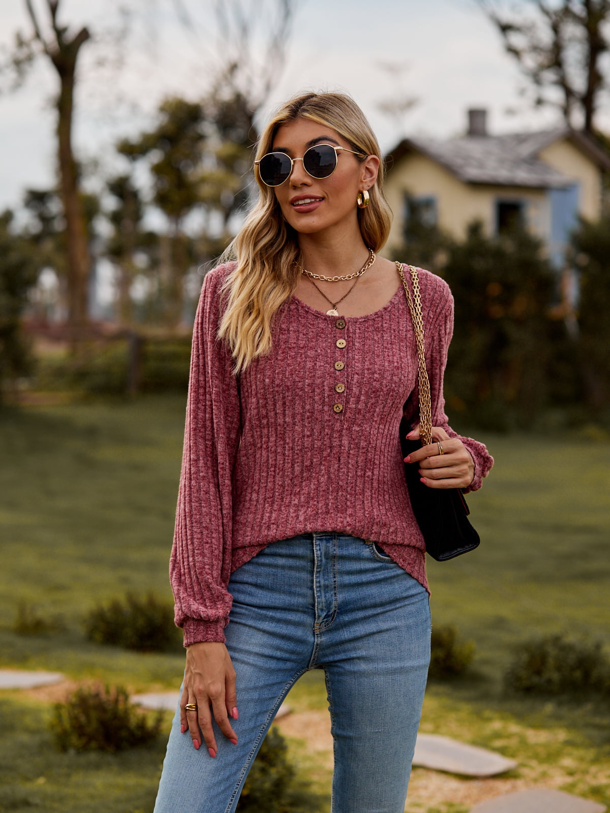 Full Size Round Neck Button-Down Long Sleeve Tee