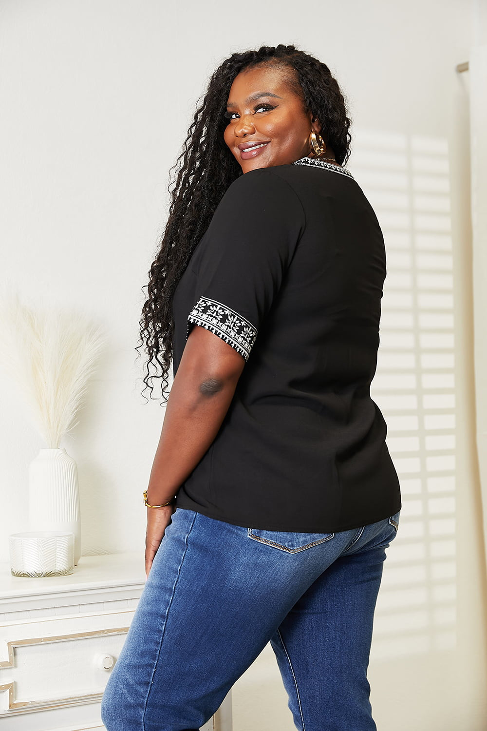 Double Take Black Full Size Embroidered Notched Neck Top *