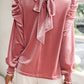 Women's Ava Tie Up Mock Neck Velvet Fabric Long Sleeve Blouse