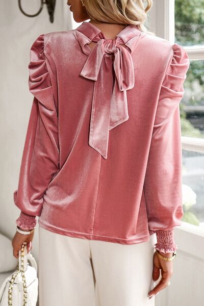 Women's Ava Tie Up Mock Neck Velvet Fabric Long Sleeve Blouse