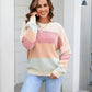 Waffle-Knit Round Neck Dropped Shoulder Color Block Sweater