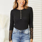 Double Take Black Full Size Crochet Lace Hem Sleeve Button Top