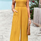 Women's Frill Trim Tie Shoulder Wide Leg Jumpsuit with Pockets