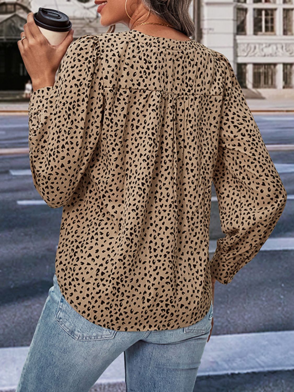 AuroraBlissX Leopard Notched Neck Puff Sleeve Blouse