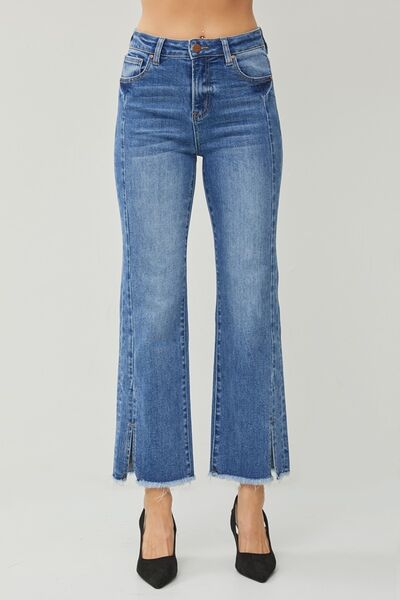 RISEN High Waist Raw Hem Slit Straight Jeans *