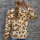 Leopard V-Neck Decorative Button Long Sleeve Blouse