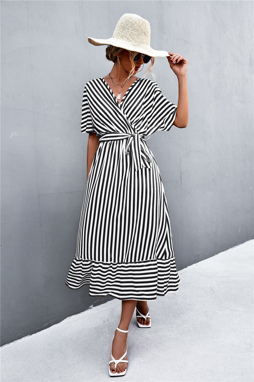 Short Sleeved Striped Tie Belt Casual Midi Dress