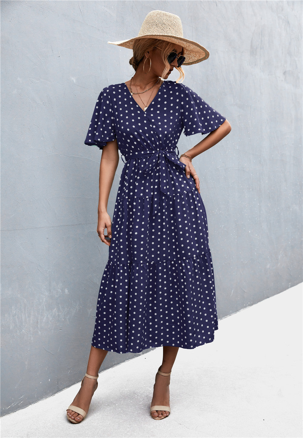 Women's Printed V-Neck Flutter Sleeve Belted Dress