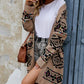 Pocketed Geometric Open Front Dropped Shoulder Cardigan