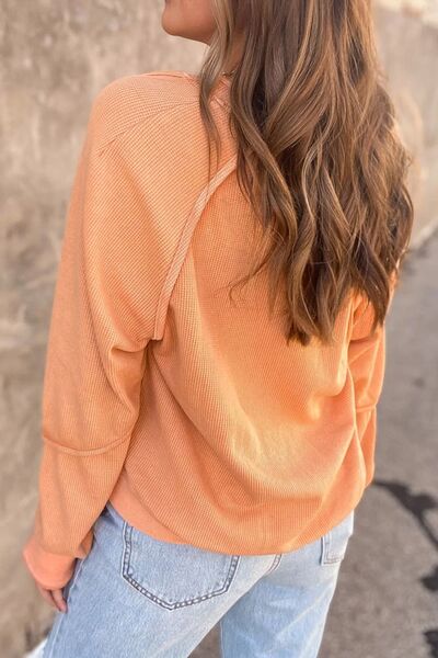 Waffle Knit V-Neck Long Sleeve T-Shirt